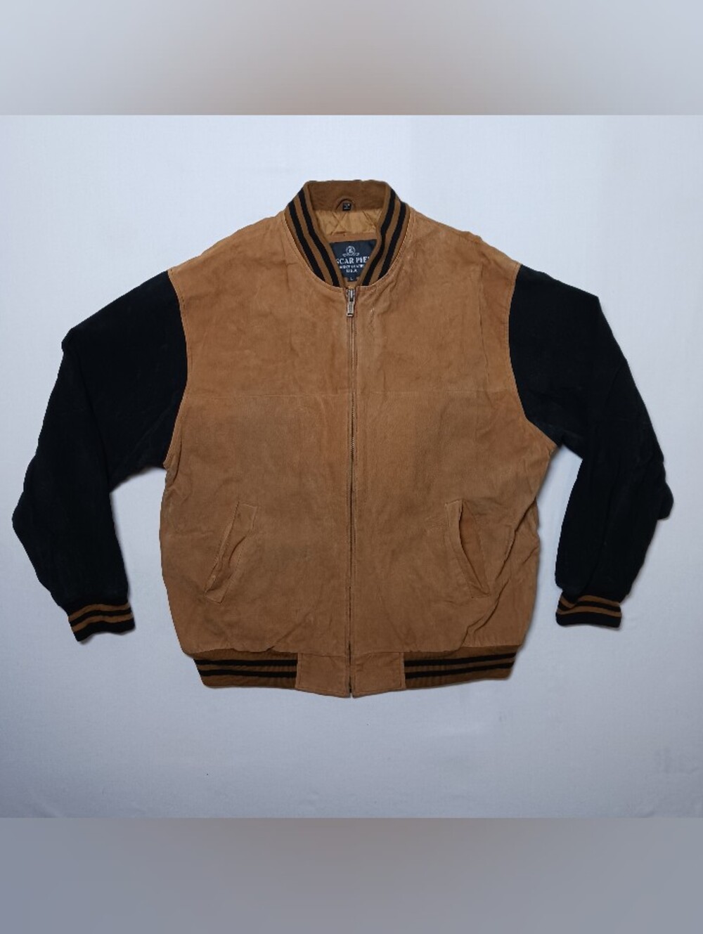 Oscar Piel Mens Perfect Leather Varsity Bomber Jacket Large Brown Black Full Zip